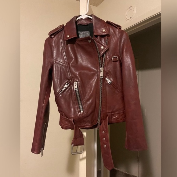 All Saints Women’s Biker Leather Jacket Deep Wine Red Size US 0 - Picture 2 of 12
